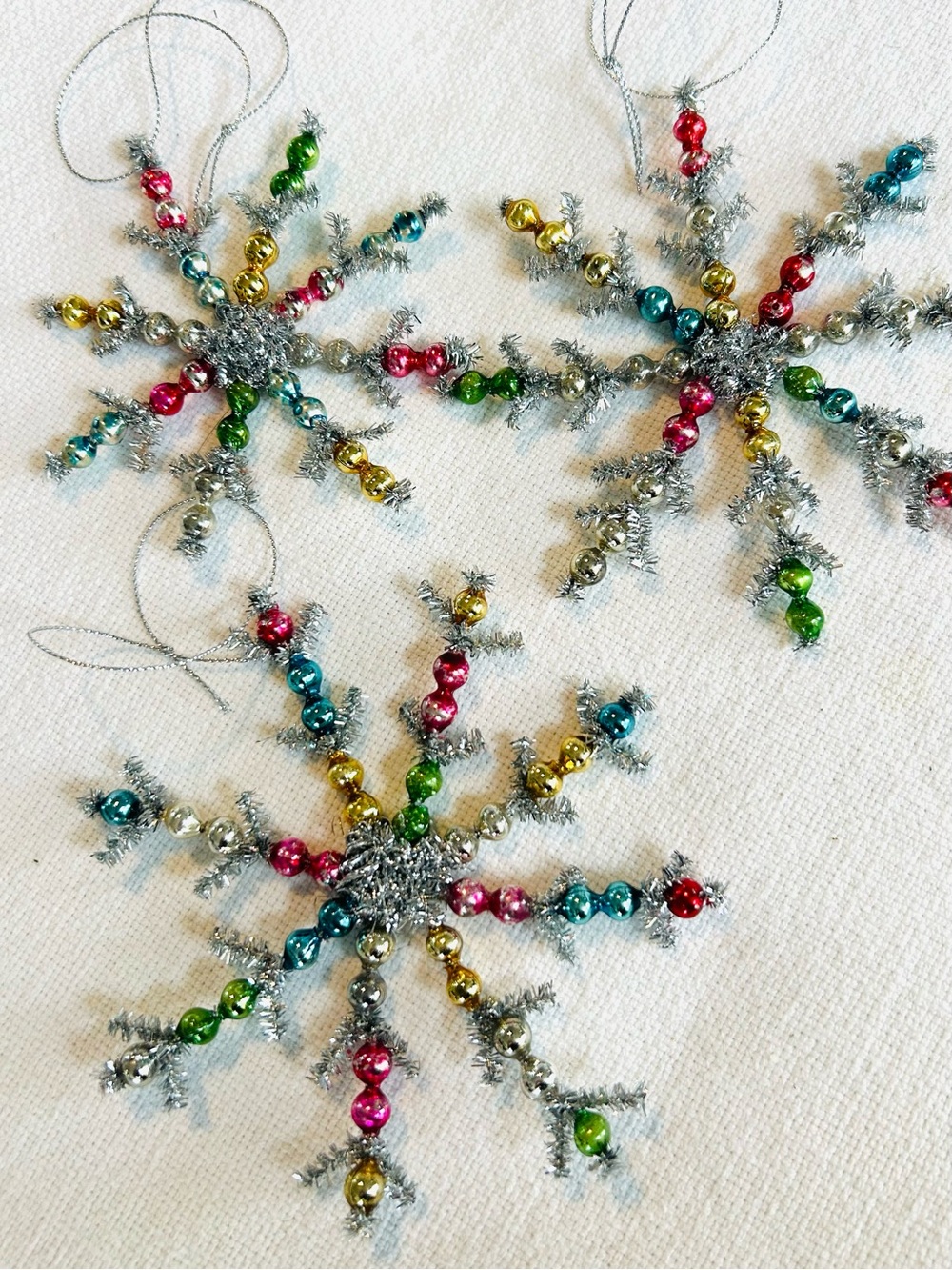 3 Vintage repurposed holiday Christmas glass garland bead snow flake ornaments
